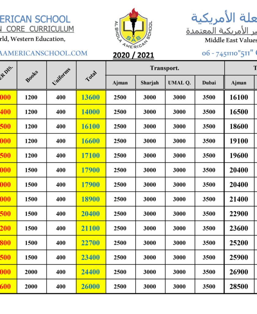 Al Shola American Fees structure 2021-2